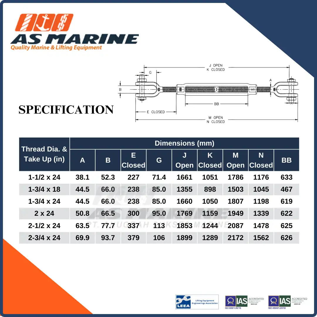 Spesifikasi Crosby USA Turnbuckle / Spanskrup Jaw & Jaw HG228